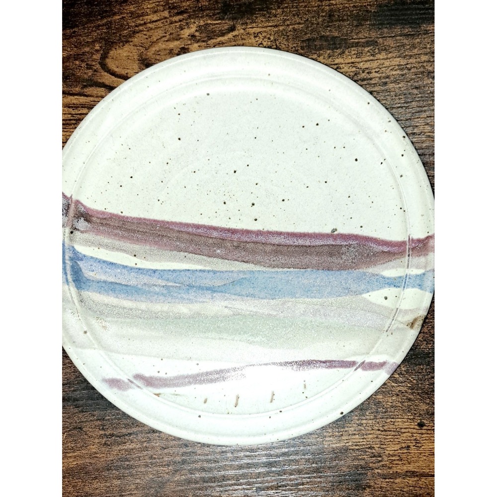 Vintage Art Pottery Plate Signed Hand Painted Speckled Beige Blue Purple